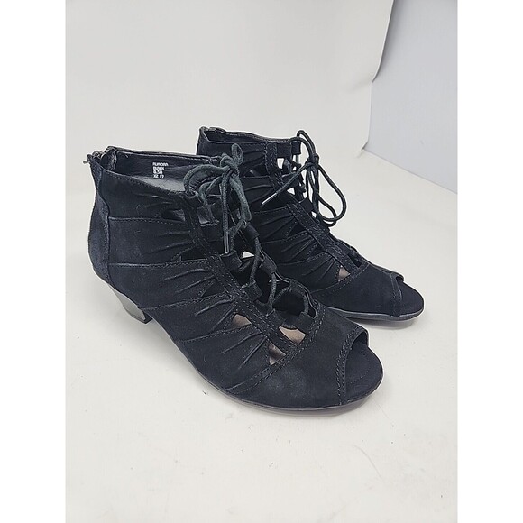 Earth Women's Aurora Size 8.5 B Black Sandals Block Heel Front Tie Back Zipper - Picture 3 of 16